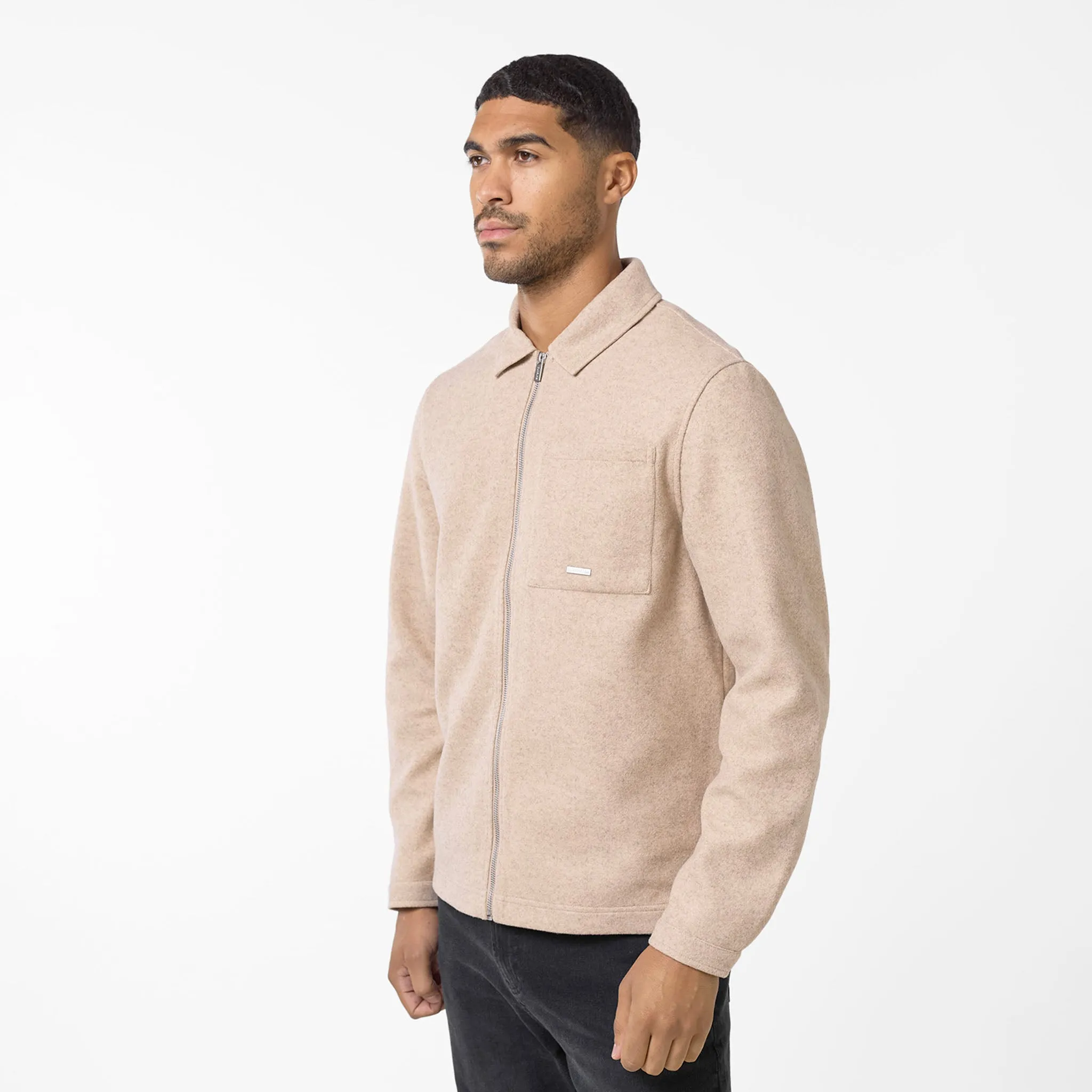 Day To Night Foldable Collar Wool Zip Overshirt | Stone