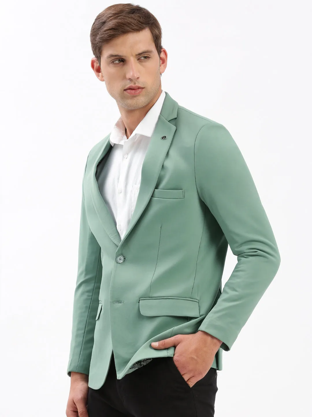 Go Anywhere Wear Cold Weather Men's Notched Lapel Solid Sea Green Blazer