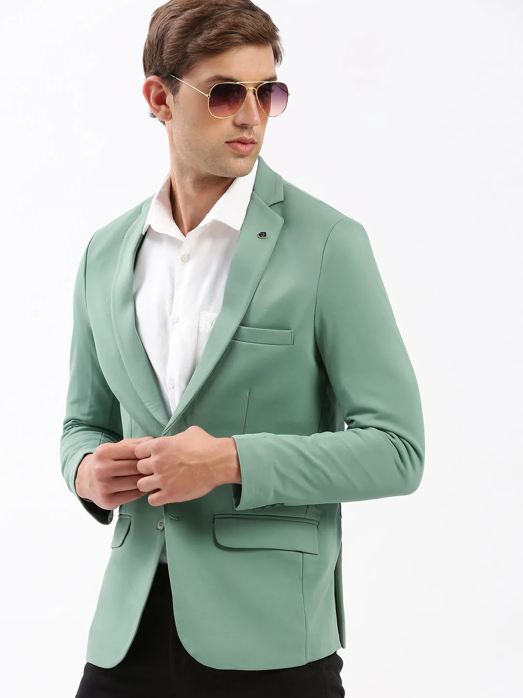 Men's Notched Lapel Solid Sea Green Blazer Fleece Backing