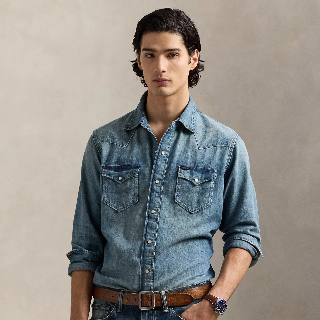 Polo Ralph Lauren Slub Denim Western Shirt RL Western Pocket Detailing