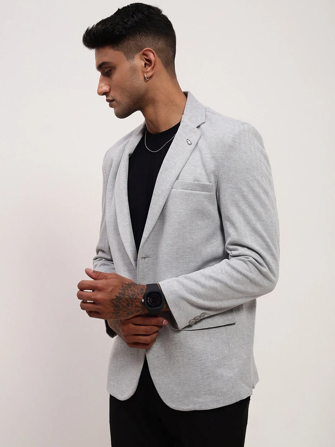 Men's Grey Solid Single-Breasted Blazer Stretch Material Taped Seams
